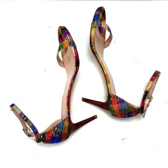 STUART WEITZMAN Metallic Rainbow Plaid Leather Ankle Strap Nunaked Sandals 9,5 - Picture 7 of 15